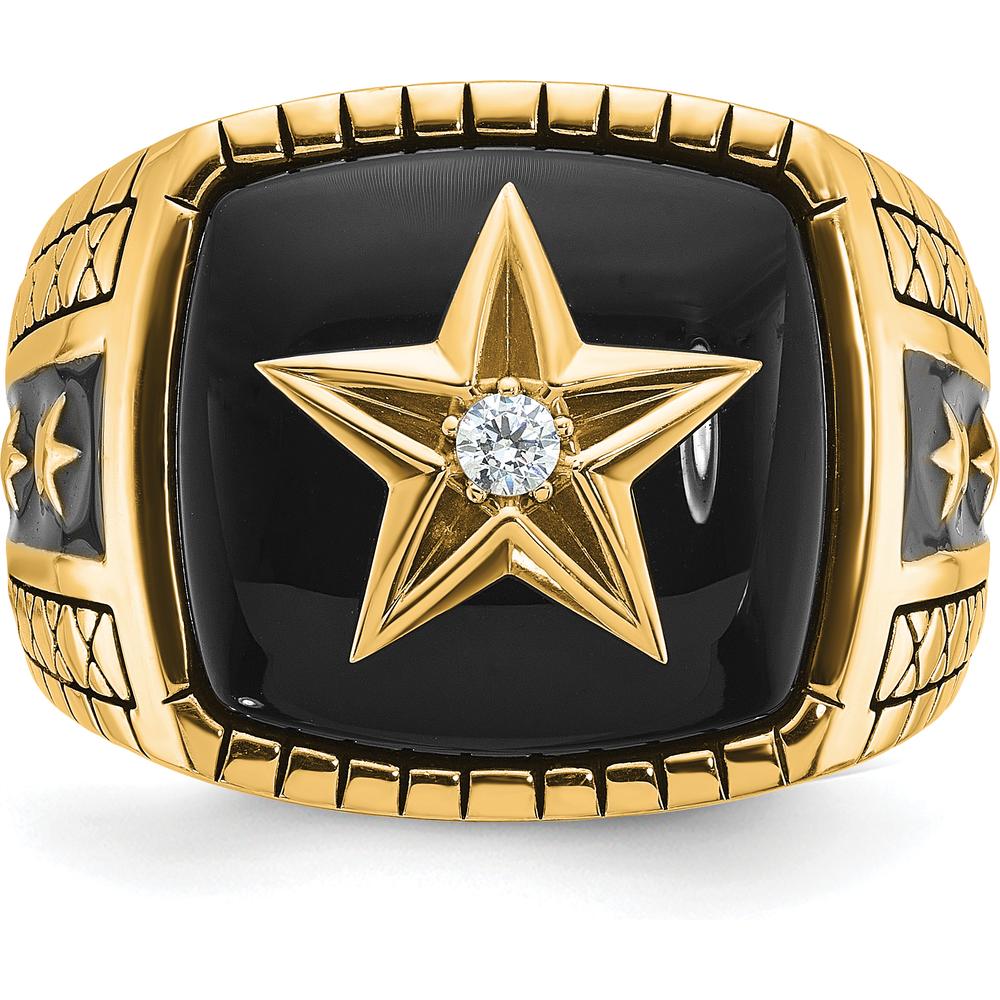 10K Yellow Gold Star Design Men's Ring with Diamond Accent and Black Enamel Finish by IBGoodman