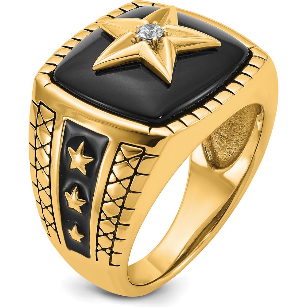 10K Yellow Gold Star Design Men's Ring with Diamond Accent and Black Enamel Finish by IBGoodman