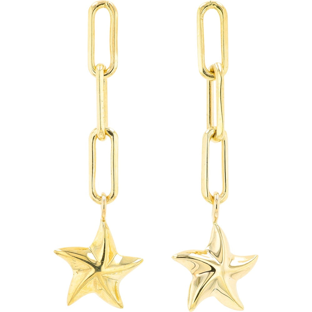 10K Yellow Gold Star Drop Earrings with Modern Paperclip Chain Links