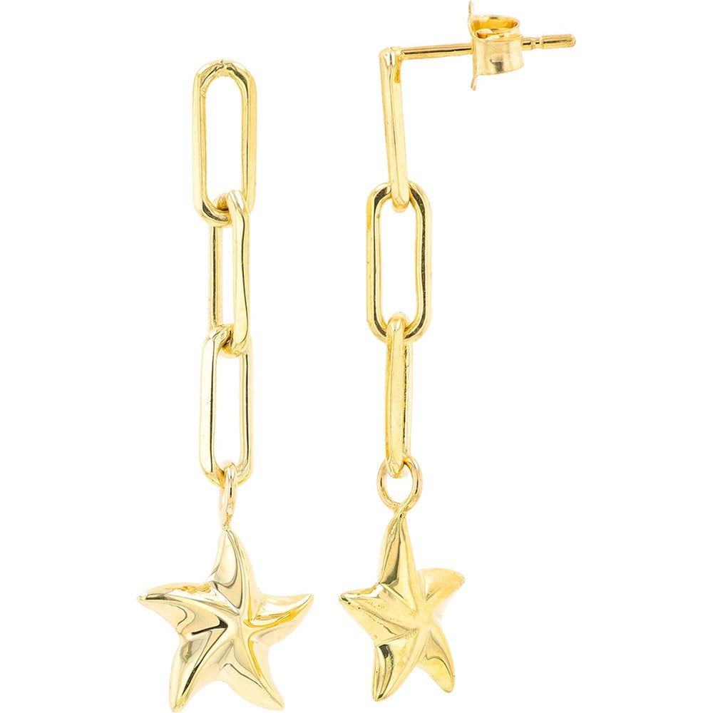 10K Yellow Gold Star Drop Earrings with Modern Paperclip Chain Links