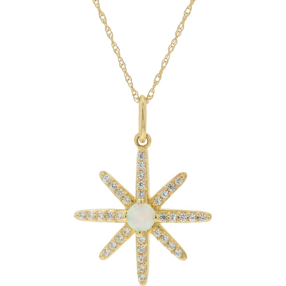 10K Yellow Gold Starburst Necklace with Created Opal Center and Prong Set Created Sapphires - 0.75 Carat Total Gemstone Weight
