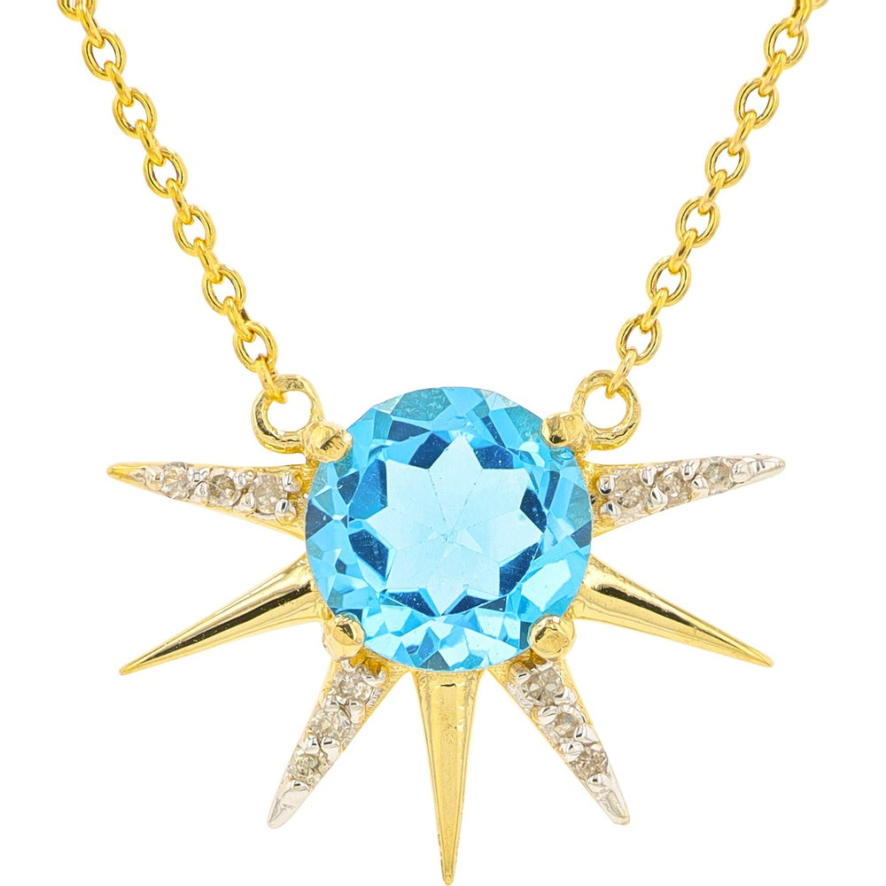 10K Yellow Gold Starburst Pendant Necklace with Round Blue Topaz and Diamond Accents - 18 Inch Cable Chain