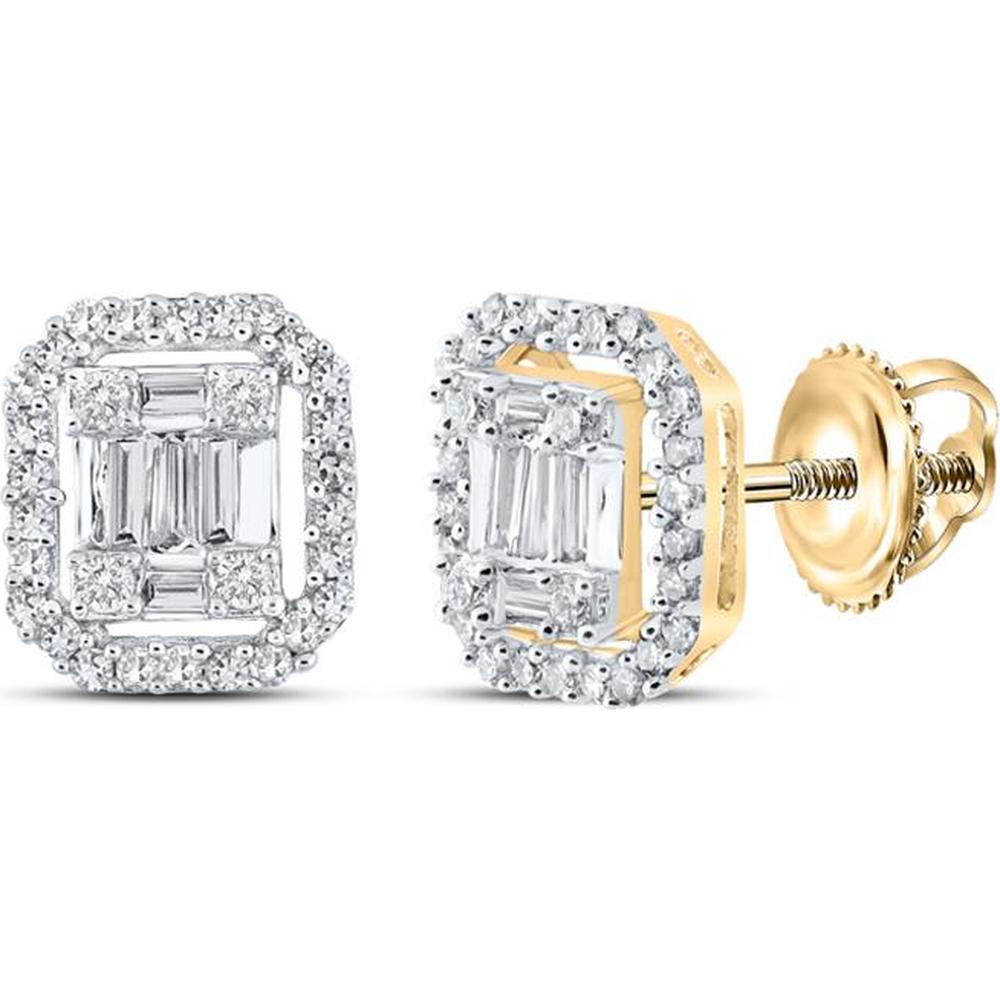 10K Yellow Gold Stud Earrings with Channel-Set Baguette and Prong-Set Round Diamonds - 0.38 Carat Total Diamond Weight
