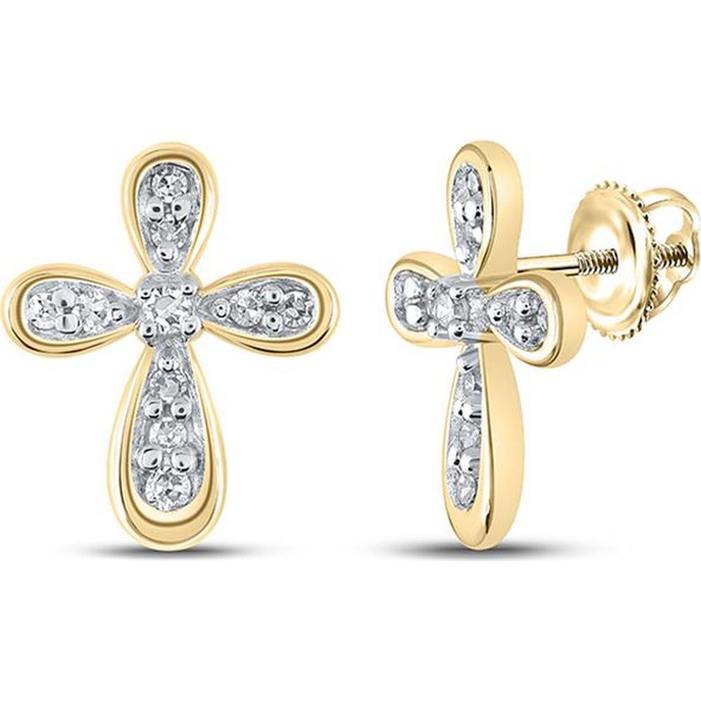 10K Yellow Gold Stud Earrings with Prong-Set Round Diamonds in Cross Design - 1/8 Carat Total Diamond Weight