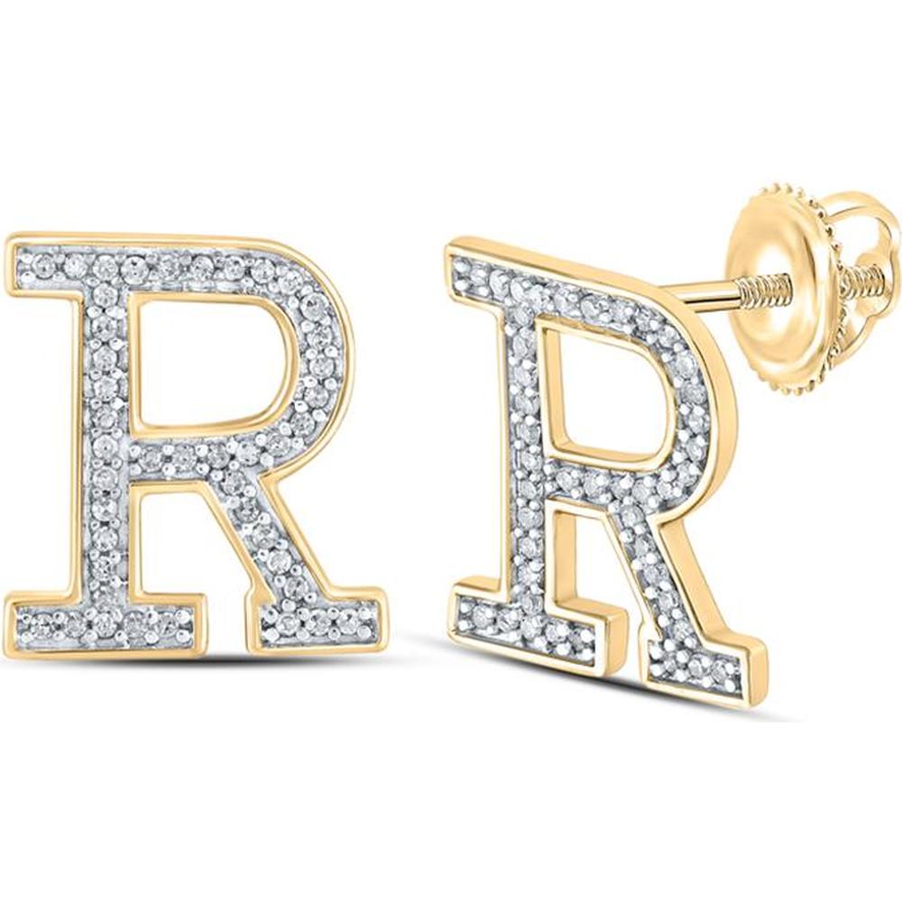 10K Yellow Gold Stud Earrings with Prong-Set Round Diamonds in "R" Initial Design - 0.16 Carat Total Diamond Weight