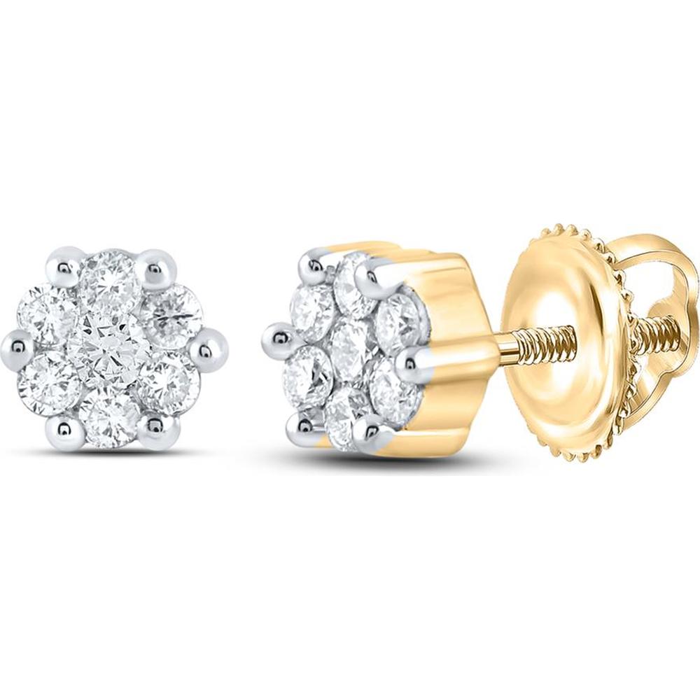 10K Yellow Gold Stud Earrings with Round Diamond Flower Clusters - 1/6 Carat Total Diamond Weight