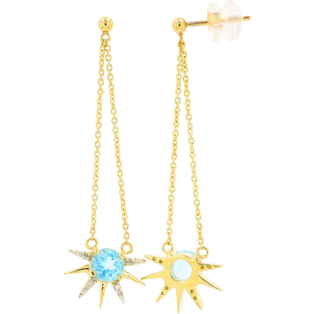 10K Yellow Gold Sunburst Drop Earrings with Blue Topaz and Diamond Accents - 1.15 Carat Total Blue Topaz Weight