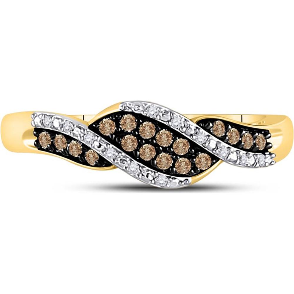 10K Yellow Gold Swirl Band with Pavé-Set Brown and White Diamonds - 1/5 Carat Total Diamond Weight