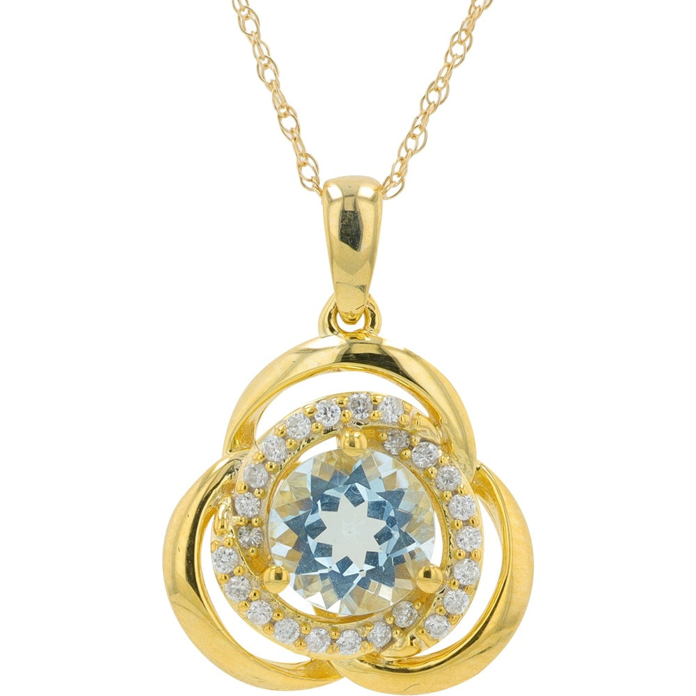 10K Yellow Gold Swirl Halo Pendant with Round Aquamarine and Accent Diamonds - 0.75 Carat Aquamarine and 0.10 Carat Accent Stone Total Weight