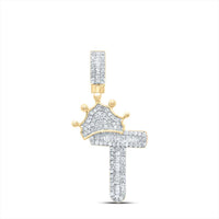 10K Yellow Gold T Initial Crown Pendant with Channel-Set Baguette and Pavé Round Diamonds - 0.55 Carat Total Diamond Weight