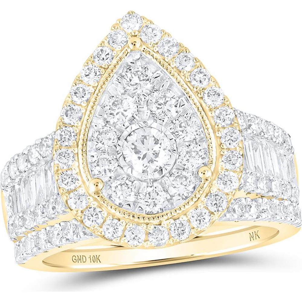 10K Yellow Gold Teardrop Bridal Wedding Ring Set with Round and Baguette Diamonds - 2 Carat Total Diamond Weight