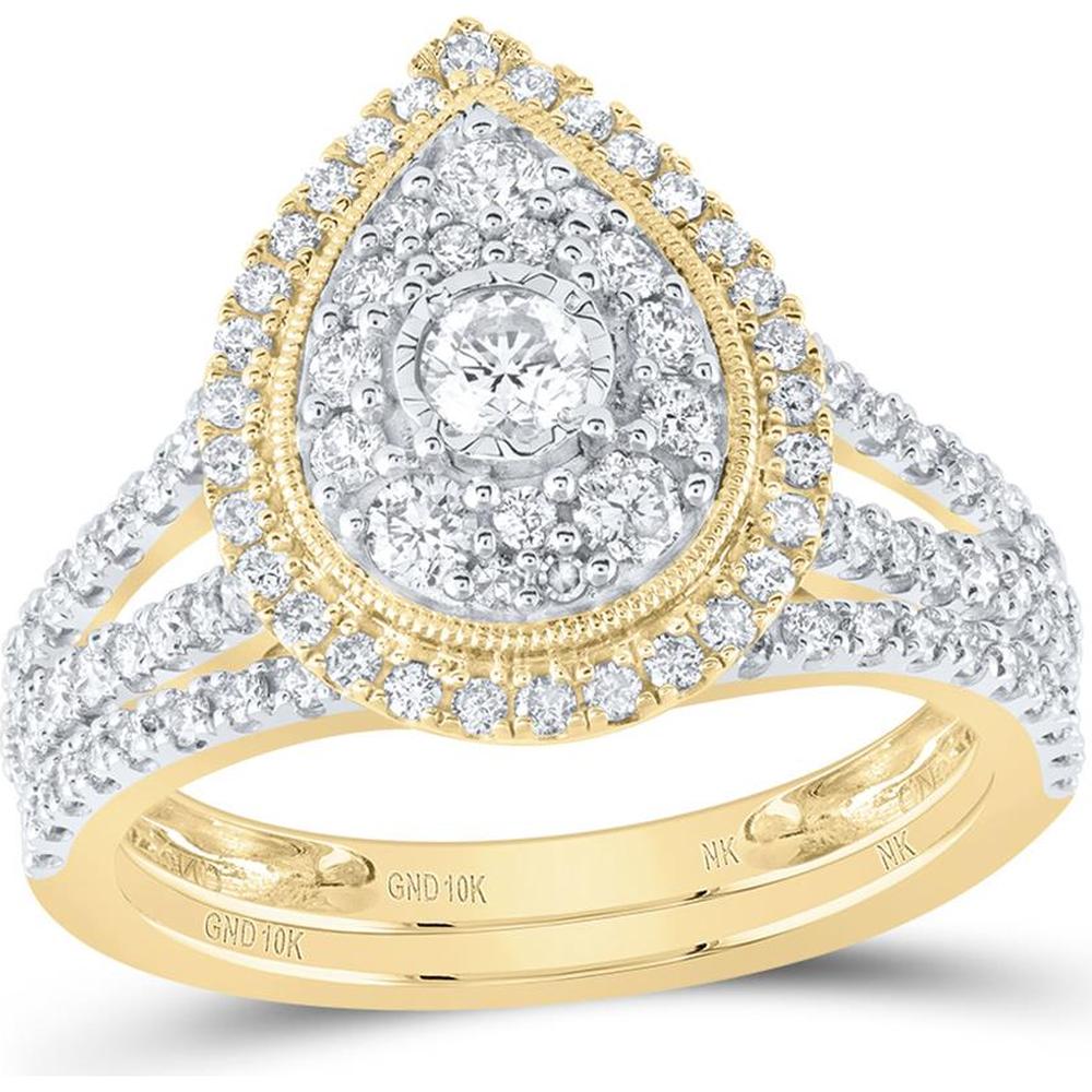 10K Yellow Gold Teardrop Halo Bridal Ring Set with Round Diamonds - 1.11 Carat Total Diamond Weight
