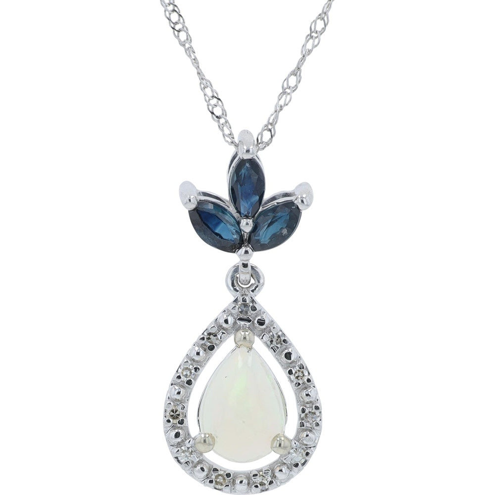 10K Yellow Gold Teardrop Pendant with Pear-Shaped Opal, Marquise Sapphire Cluster, and Diamond Accents - 0.40 Carat Opal and 0.05 Carat Diamond Total Weight
