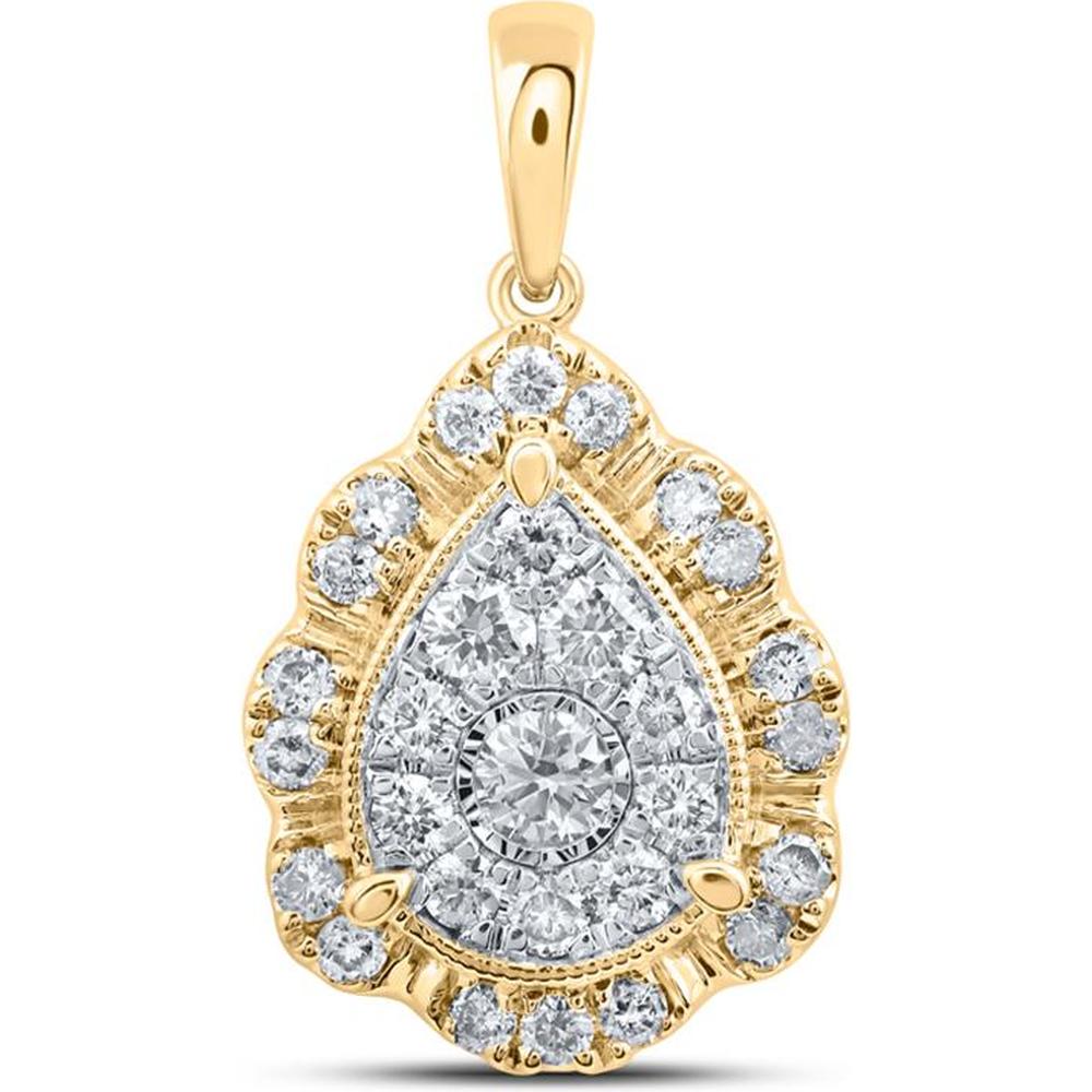 10K Yellow Gold Teardrop Pendant with Prong-Set Round Diamonds and Milgrain Detail - 0.50 Carat Total Diamond Weight
