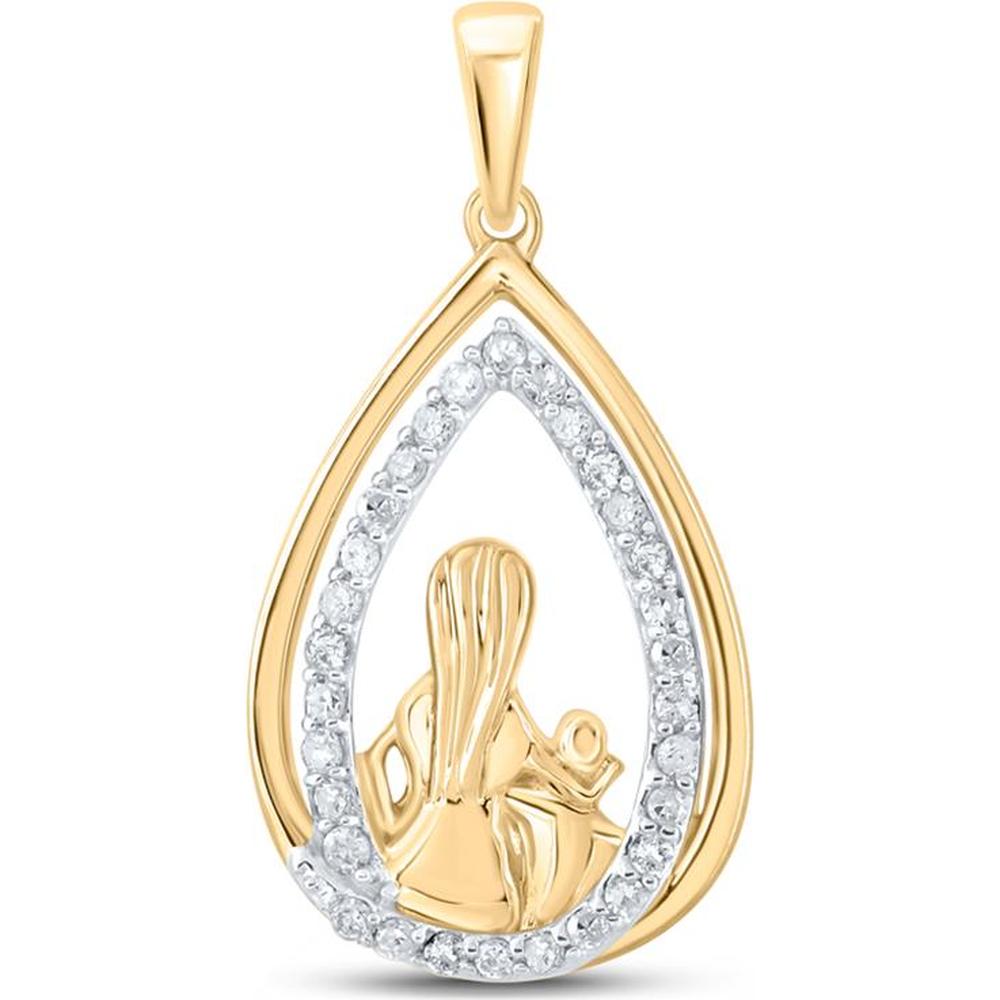 10K Yellow Gold Teardrop Pendant with Prong-Set Round Diamonds and Sculpted Mother & Child Motif - 0.20 Carat Total Diamond Weight