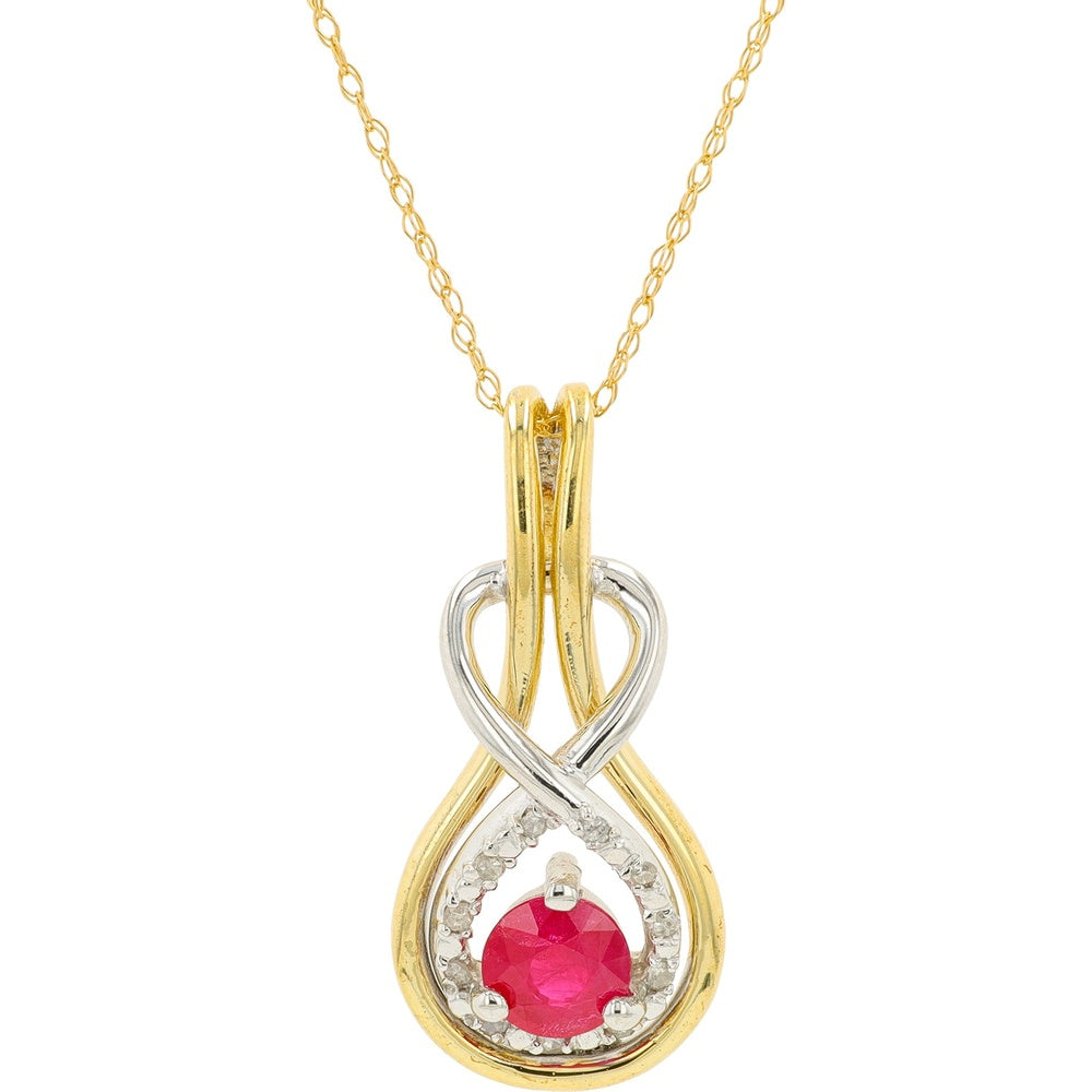 10K Yellow Gold Teardrop Pendant with Round Ruby and Diamond Halo - 0.60 Carat Ruby and 0.06 Carat Diamond Total Weight