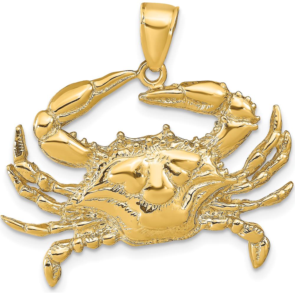 10K Yellow Gold Textured Blue Crab Pendant - Nautical Marine Life Charm
