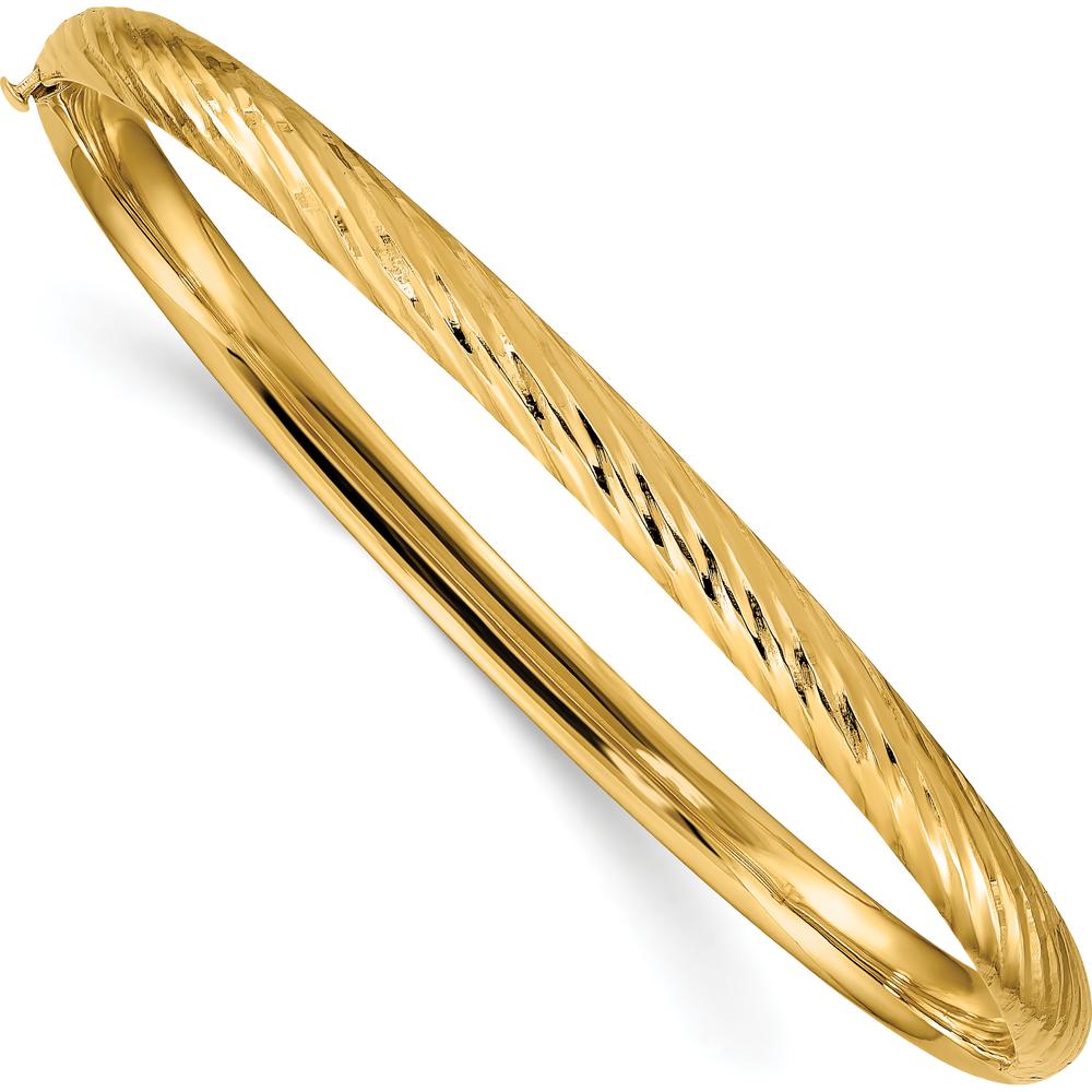 10K Yellow Gold Textured Hinged Bangle with Diamond-Cut Detailing