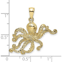 10K Yellow Gold Textured Octopus Charm - 28mm Length