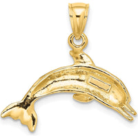 10K Yellow Gold Textured Polished Dolphin Jumping Charm - Ocean Inspired Jewelry Pendant
