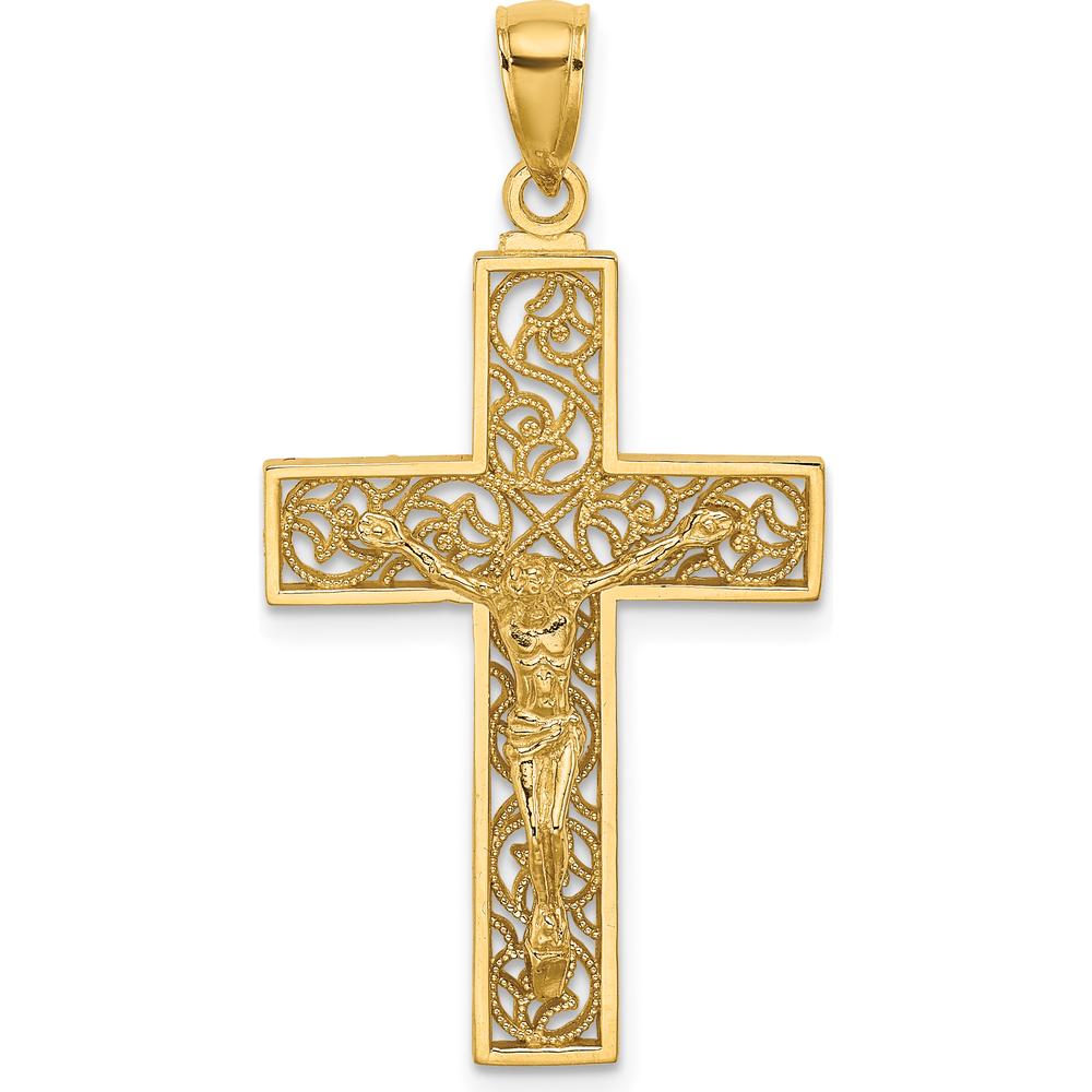 10K Yellow Gold Textured Swirl Design Crucifix Pendant Charm - Faith Inspired