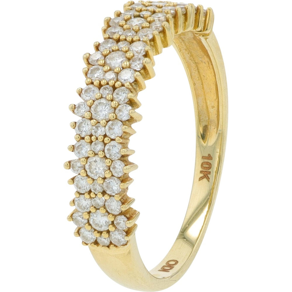 10K Yellow Gold Three-Row Cluster Band with Prong-Set Round Diamonds - 0.50 Carat Total Diamond Weight