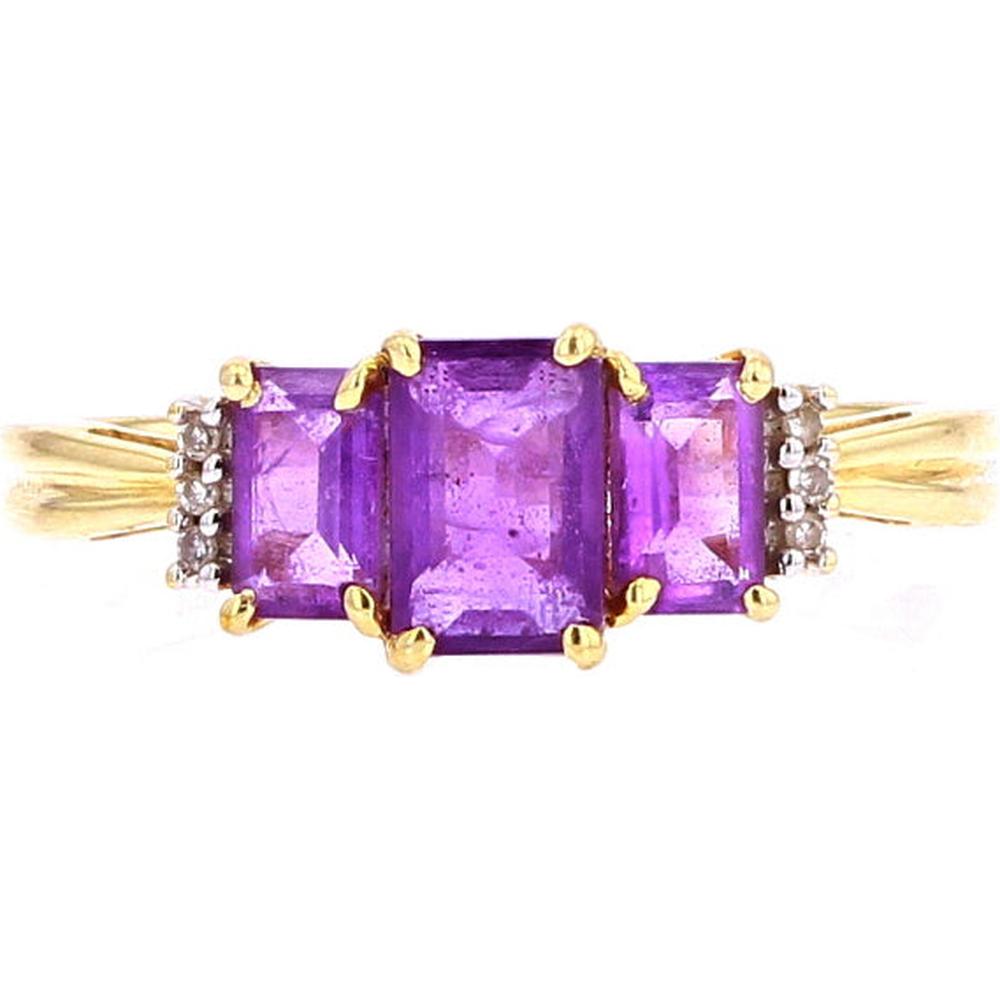 10K Yellow Gold Three-Stone Ring with Rectangular Amethysts and Diamond Accents - .03 Carats Total Diamond Weight