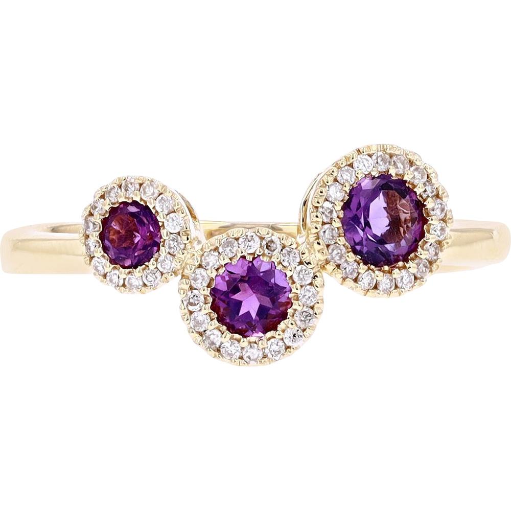 10K Yellow Gold Three-Stone Ring with Round Amethysts and Diamond Halos - 0.10 Carats Total Diamond Weight
