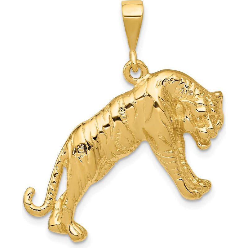 10K Yellow Gold Tiger Pendant Charm - Polished Solid Gold - 31mm Length