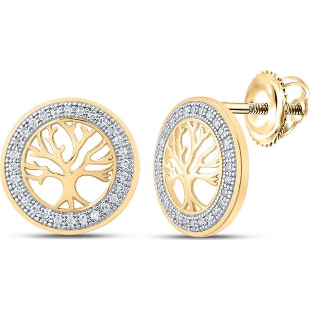 10K Yellow Gold Tree of Life Circle Earrings with Pavé Round Diamonds - 1/8 Carat Total Diamond Weight