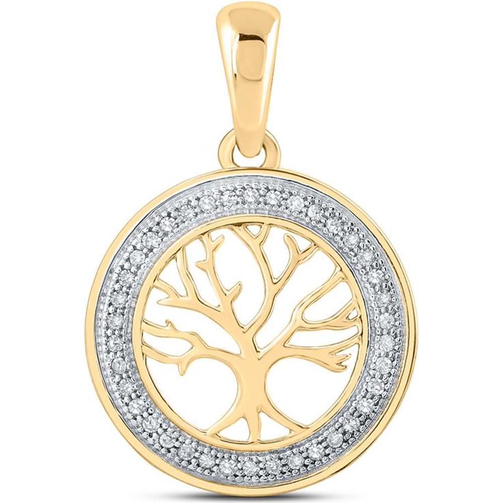 10K Yellow Gold Tree of Life Circle Pendant with Prong-Set Round Diamonds - 0.10 Carat Total Diamond Weight