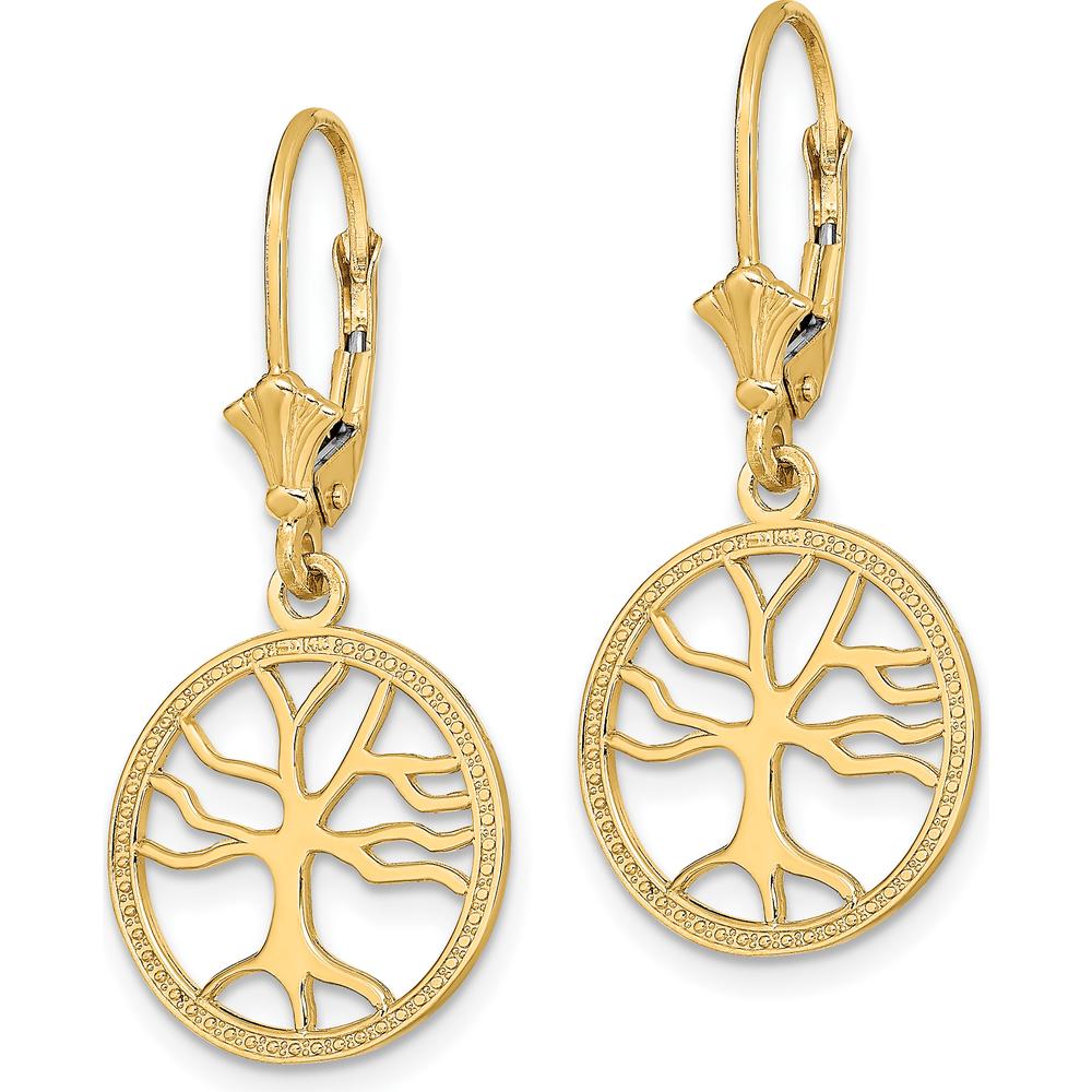 10K Yellow Gold Tree of Life Leverback Drop Earrings - Elegant Symbolic Design