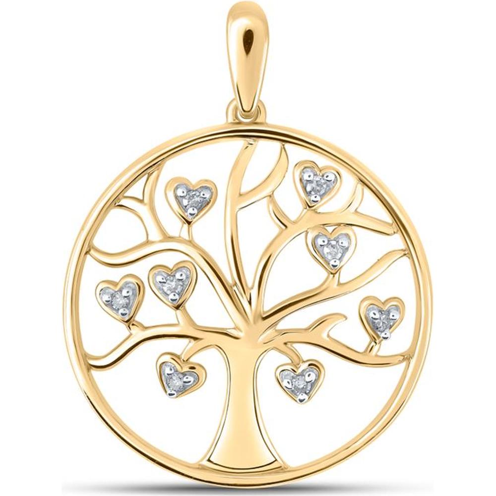 10K Yellow Gold Tree of Life Pendant with Heart-Shaped Prong-Set Round Diamonds - 1/20 Carat Total Diamond Weight