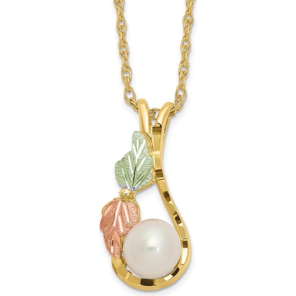 10K Yellow Gold Tri-Color Freshwater Pearl Necklace with Gold Leaf Accents