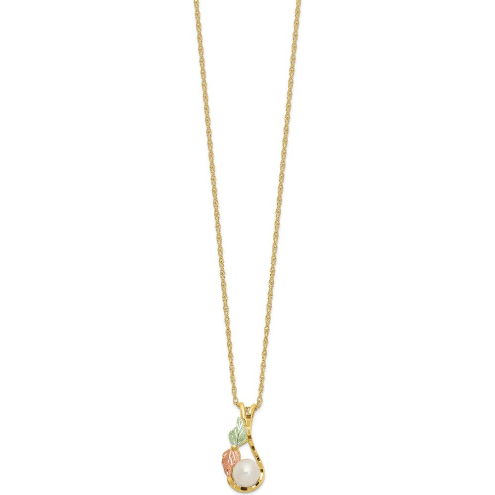 10K Yellow Gold Tri-Color Freshwater Pearl Necklace with Gold Leaf Accents