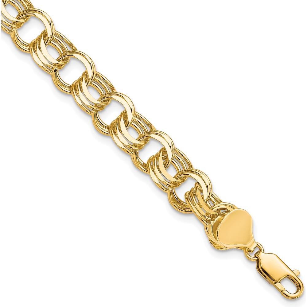 10K Yellow Gold Triple Link Charm Bracelet - 8mm Width, Polished Finish