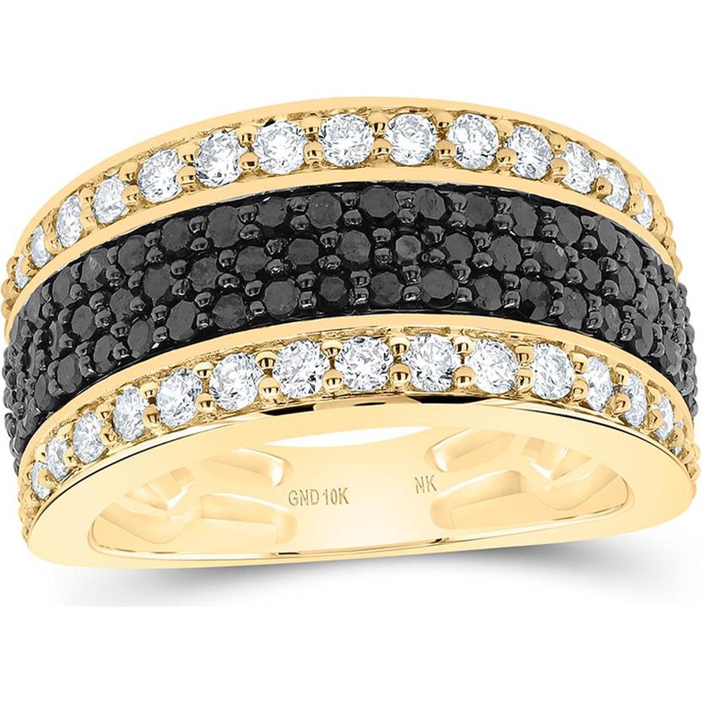 10K Yellow Gold Triple Row Band with Prong-Set Round Black Diamonds 0.67 Carat and White Diamonds 0.60 Carat Total Weight