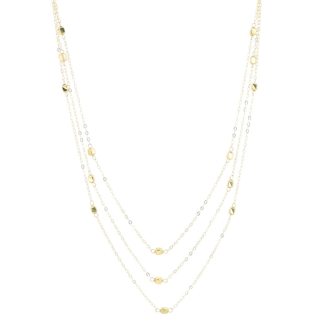 10K Yellow Gold Triple-Strand Station Necklace with Polished Bead Accents - 16 Inch Chain Length