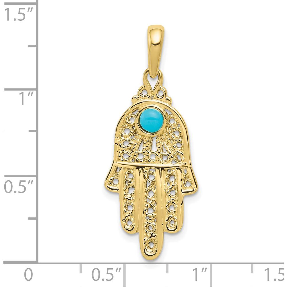 10K Yellow Gold Turquoise Filigree Chamseh Pendant - Symbol of Protection and Serenity
