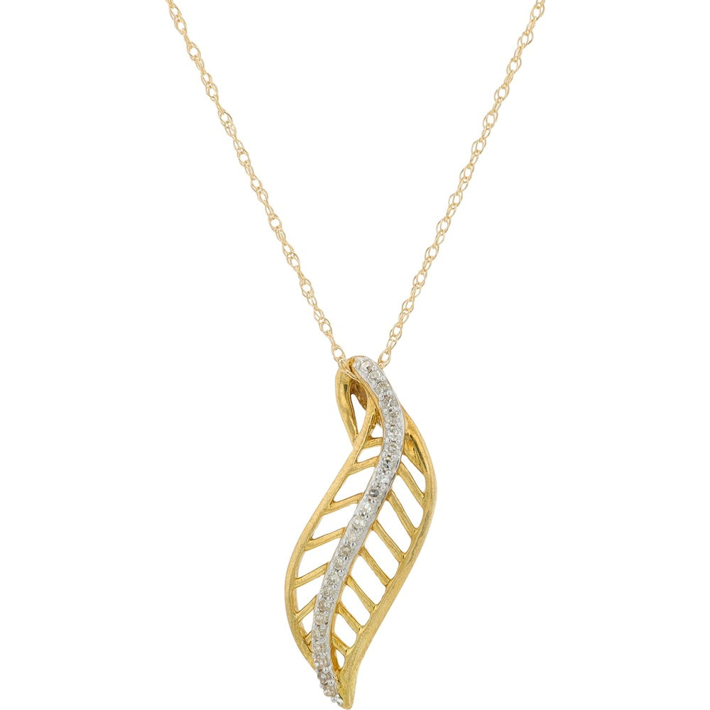 10K Yellow Gold Twisted Leaf Pendant with Channel-Set Round Diamonds - 0.10 Carat Total Diamond Weight