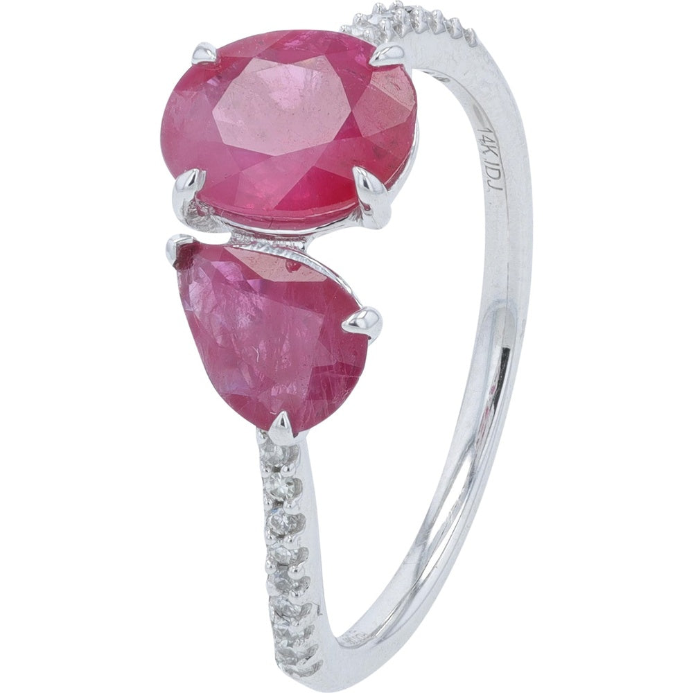 10K Yellow Gold Two-Stone Ring with Oval and Pear-Shaped Rubies and Diamond Accented Shank - 2.00 Carat Total Ruby Weight and 0.10 Carat Total Diamond Weight