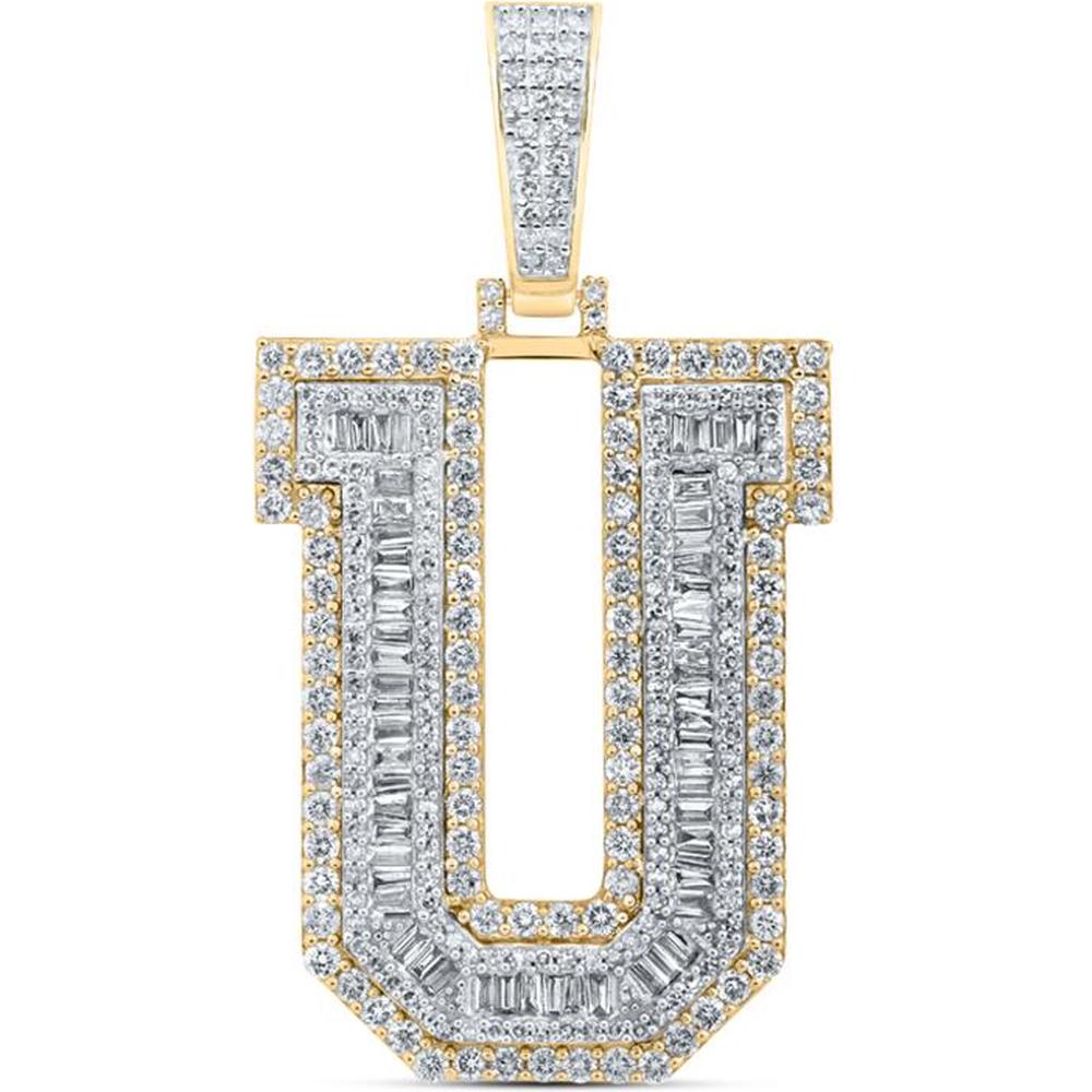 10K Yellow Gold U Initial Letter Charm Pendant with Baguette and Round Diamonds - 3 Carat Total Diamond Weight