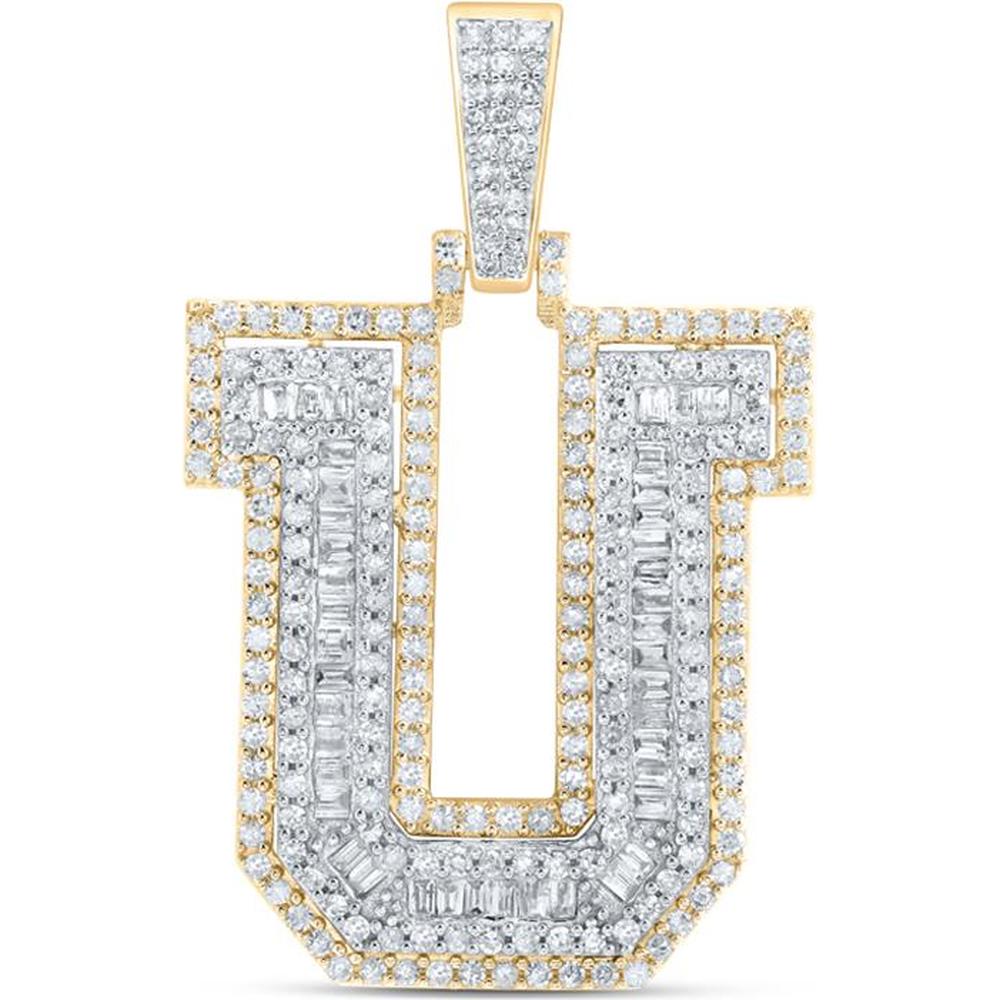 10K Yellow Gold U Initial Letter Charm Pendant with Round and Baguette Diamonds - 7/8 Carat Total Diamond Weight