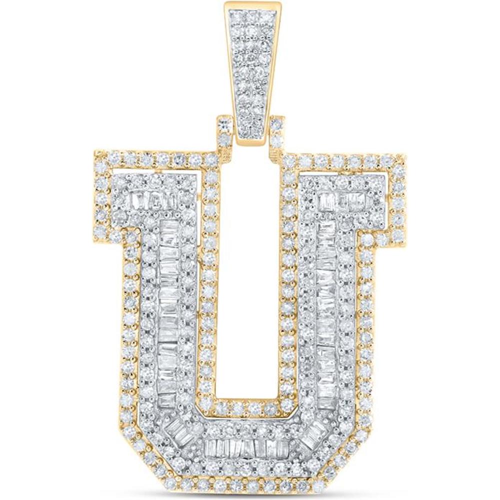 10K Yellow Gold U Initial Letter Pendant with Round and Baguette Diamonds - 1.14 Carat Total Diamond Weight