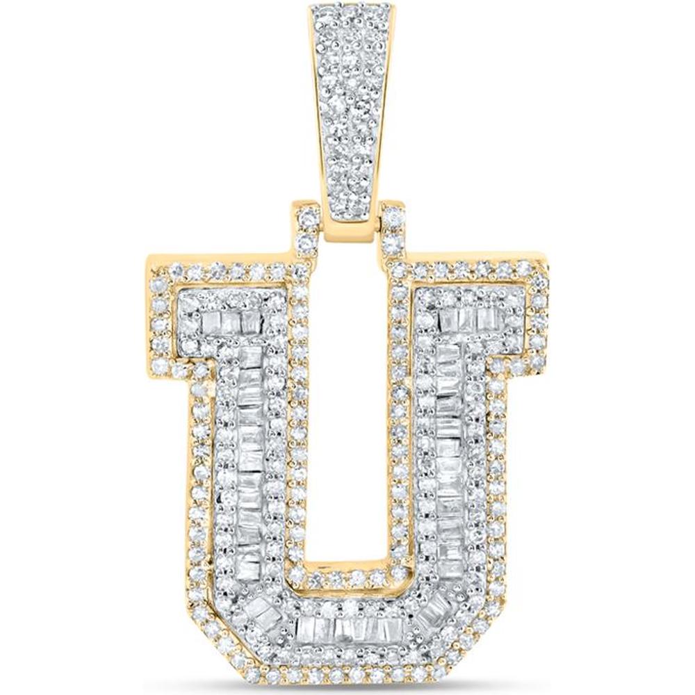 10K Yellow Gold U Initial Pendant with Prong-Set Baguette and Round Diamonds - 0.62 Carat Total Diamond Weight