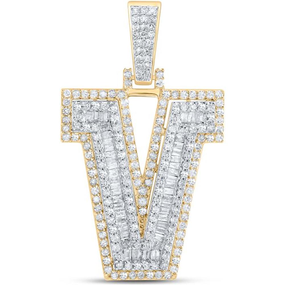 10K Yellow Gold V Initial Charm Pendant with Round and Baguette Diamonds - 1 Carat Total Diamond Weight
