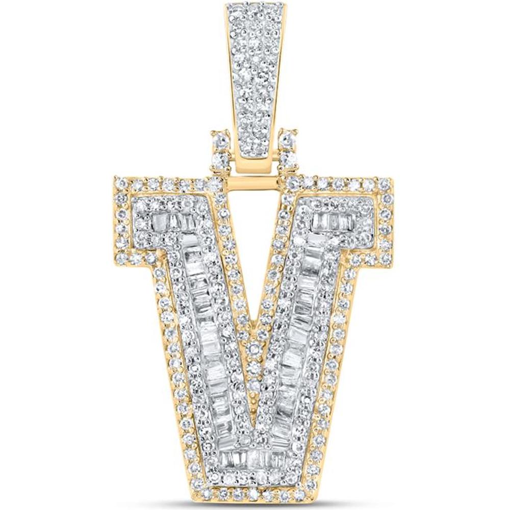 10K Yellow Gold V Initial Pendant with Baguette and Round Diamonds - 5/8 Carat Total Diamond Weight