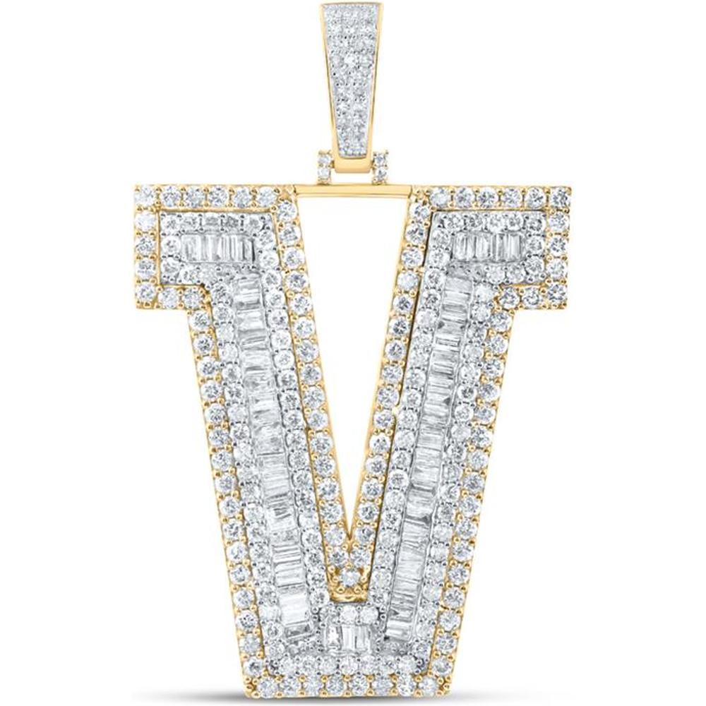 10K Yellow Gold V Initial Pendant with Channel-Set Baguette and Prong-Set Round Diamonds - 5.63 Carat Total Diamond Weight
