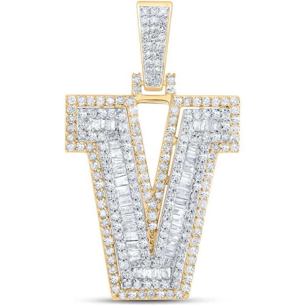 10K Yellow Gold V Initial Pendant with Prong-Set Round and Channel-Set Baguette Diamonds - 0.87 Carat Total Diamond Weight