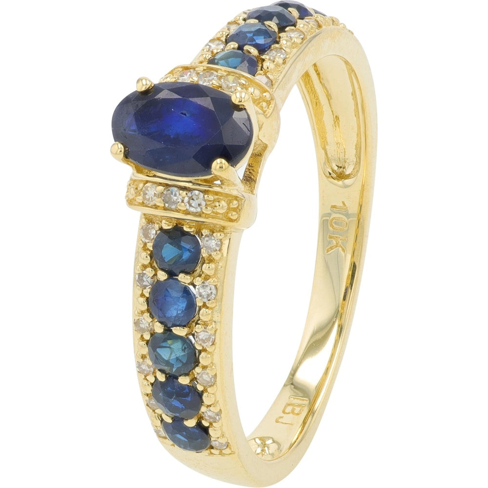 10K Yellow Gold Vintage Milgrain Ring with Oval Sapphire and Round Diamond Accents - 0.50 Carat Total Sapphire Weight and 0.07 Carat Total Diamond Weight